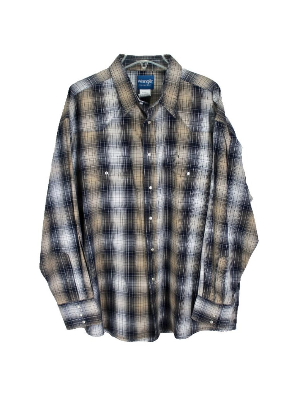 Wrangler Western Shirt Mens Size XXL Blue Tan Plaid Long Sleeve Pearl Snap Front